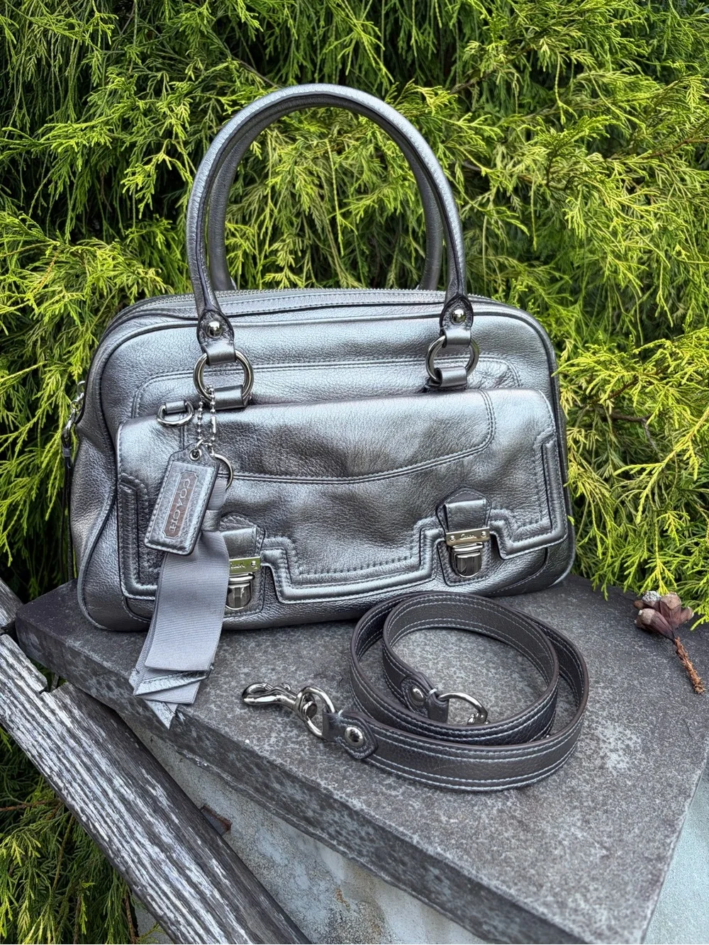 Coach Poppy Metallic Leather  Silver Pushlock Satchel 17888 With Crossbody Strap
